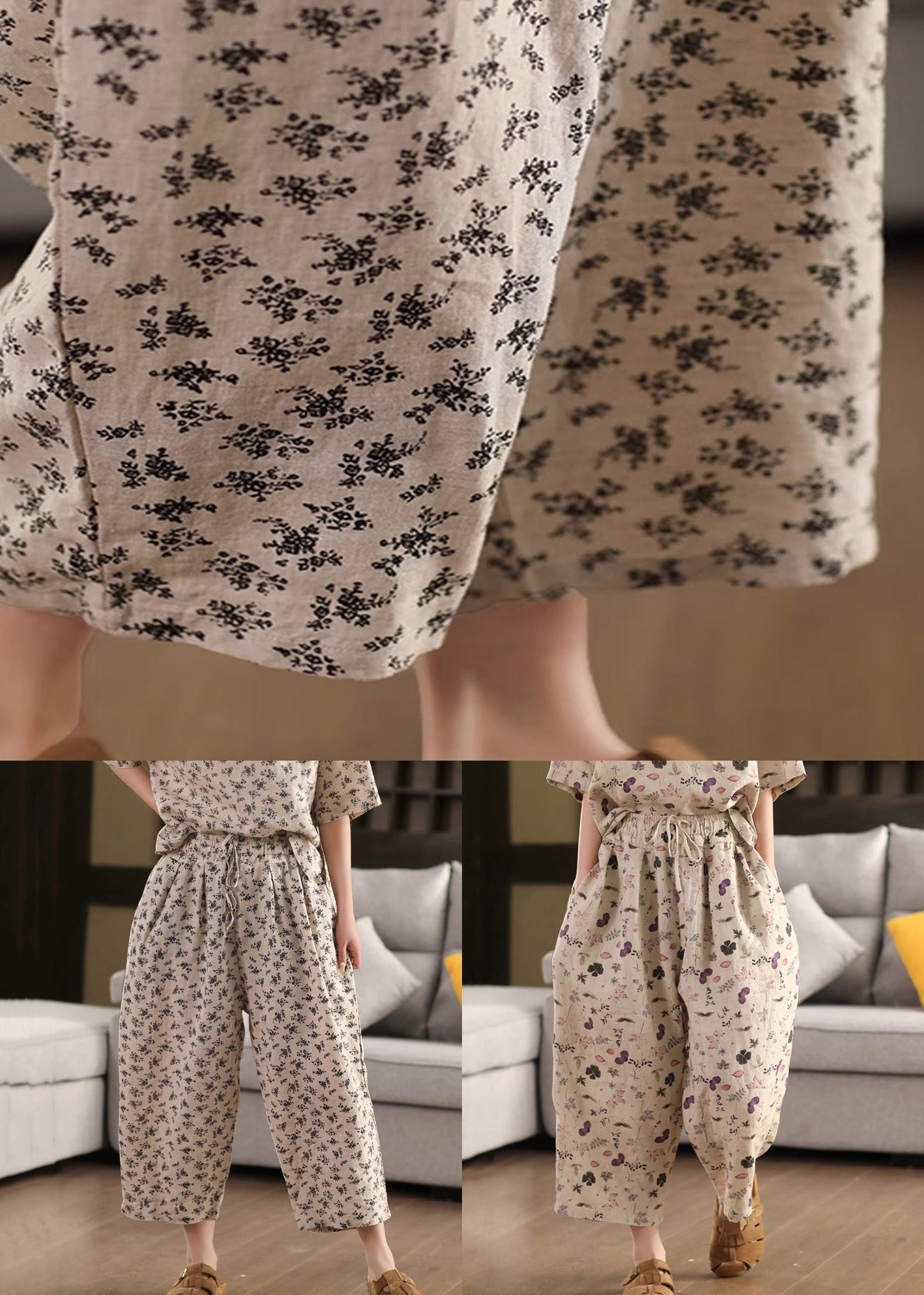 Loose Drawstring Linen Crop Summer Print Purple Pants - Image 5