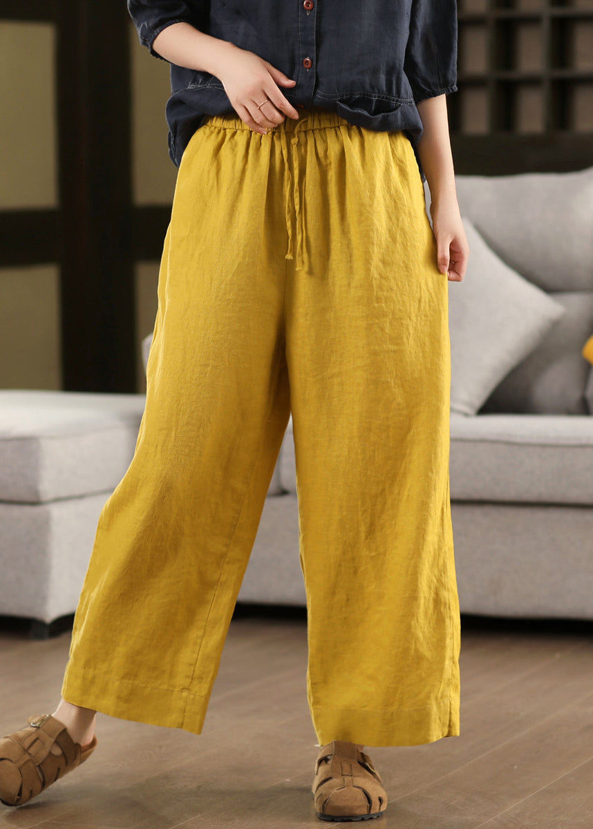 Loose Waist Elastic Pants Summer Crop Up Linen Yellow Lace - Image 1