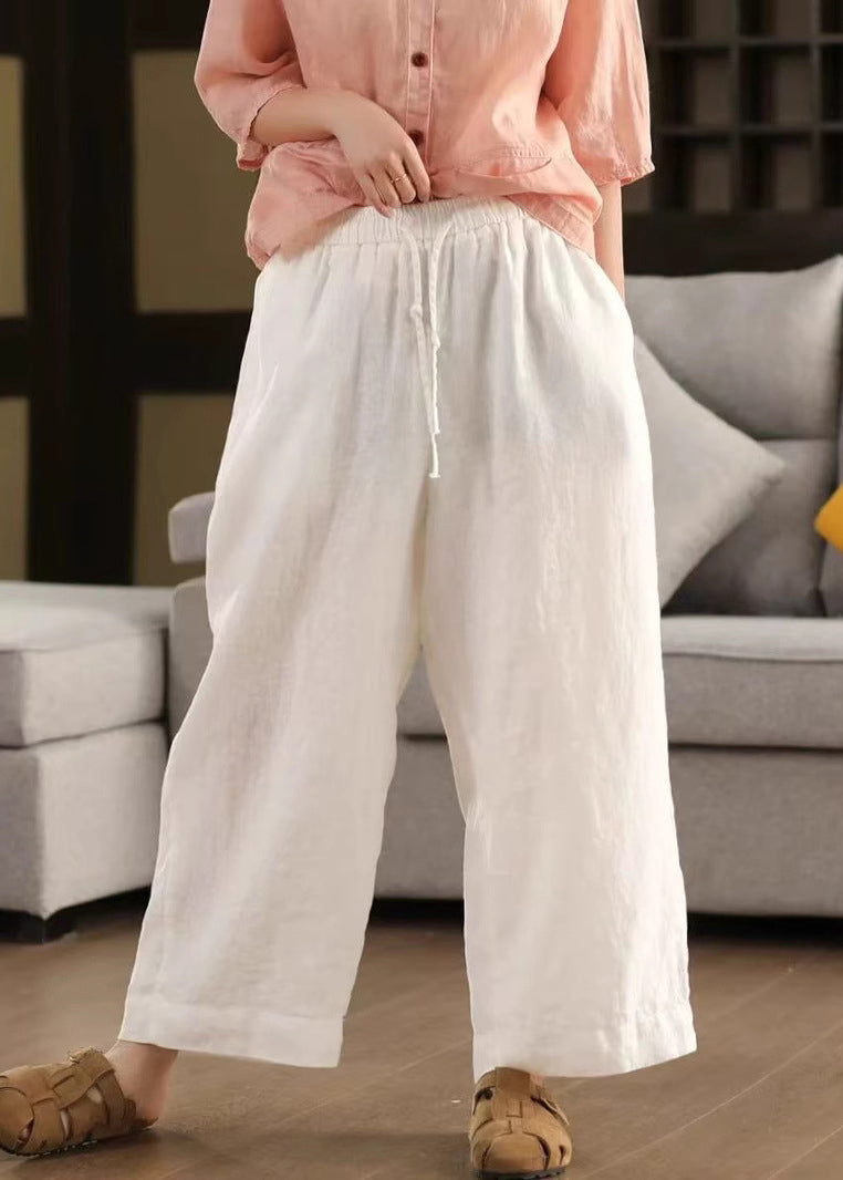 Loose Waist Elastic Pants Summer Crop Up Linen Yellow Lace - Image 2