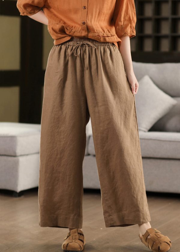 Loose Waist Elastic Pants Summer Crop Up Linen Yellow Lace - Image 3
