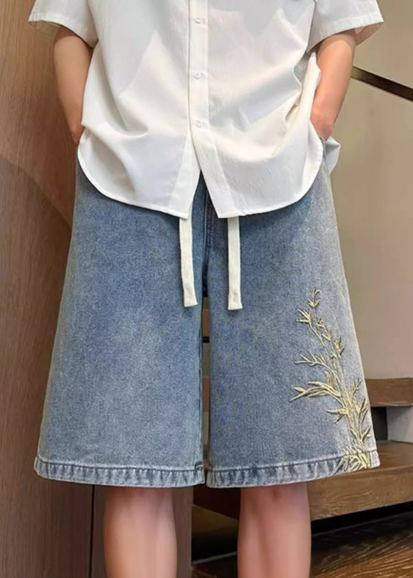 Denim Men Summer Embroideried Blue Modern Waist Elastic Shorts - Image 2