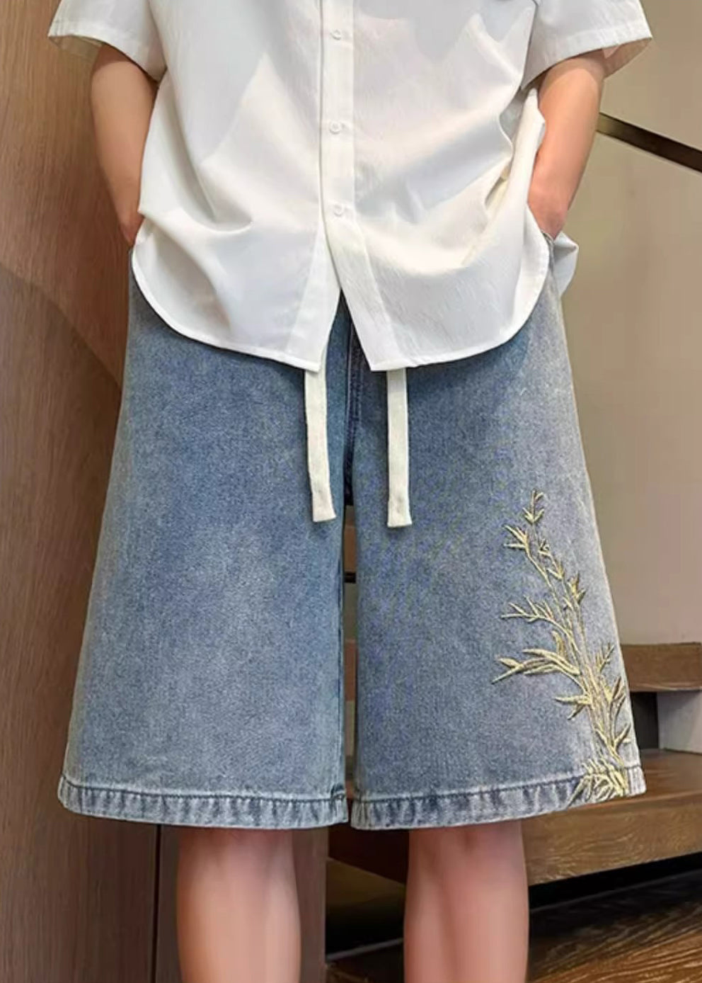 Denim Men Summer Embroideried Blue Modern Waist Elastic Shorts - Image 2