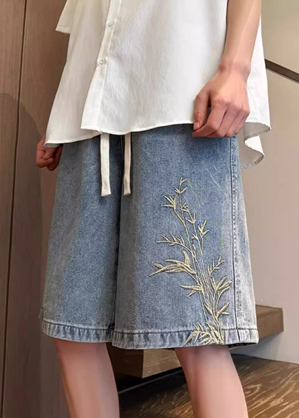 Denim Men Summer Embroideried Blue Modern Waist Elastic Shorts - Image 3