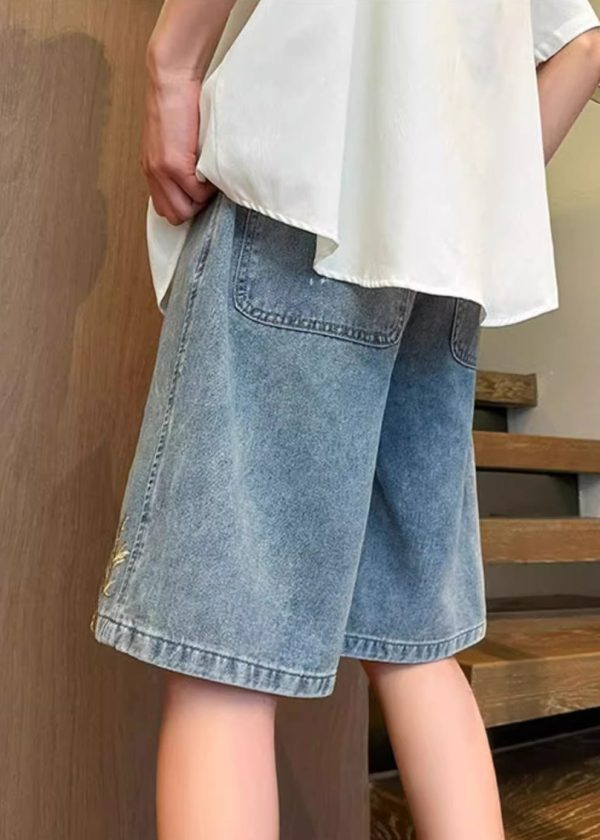 Denim Men Summer Embroideried Blue Modern Waist Elastic Shorts - Image 4