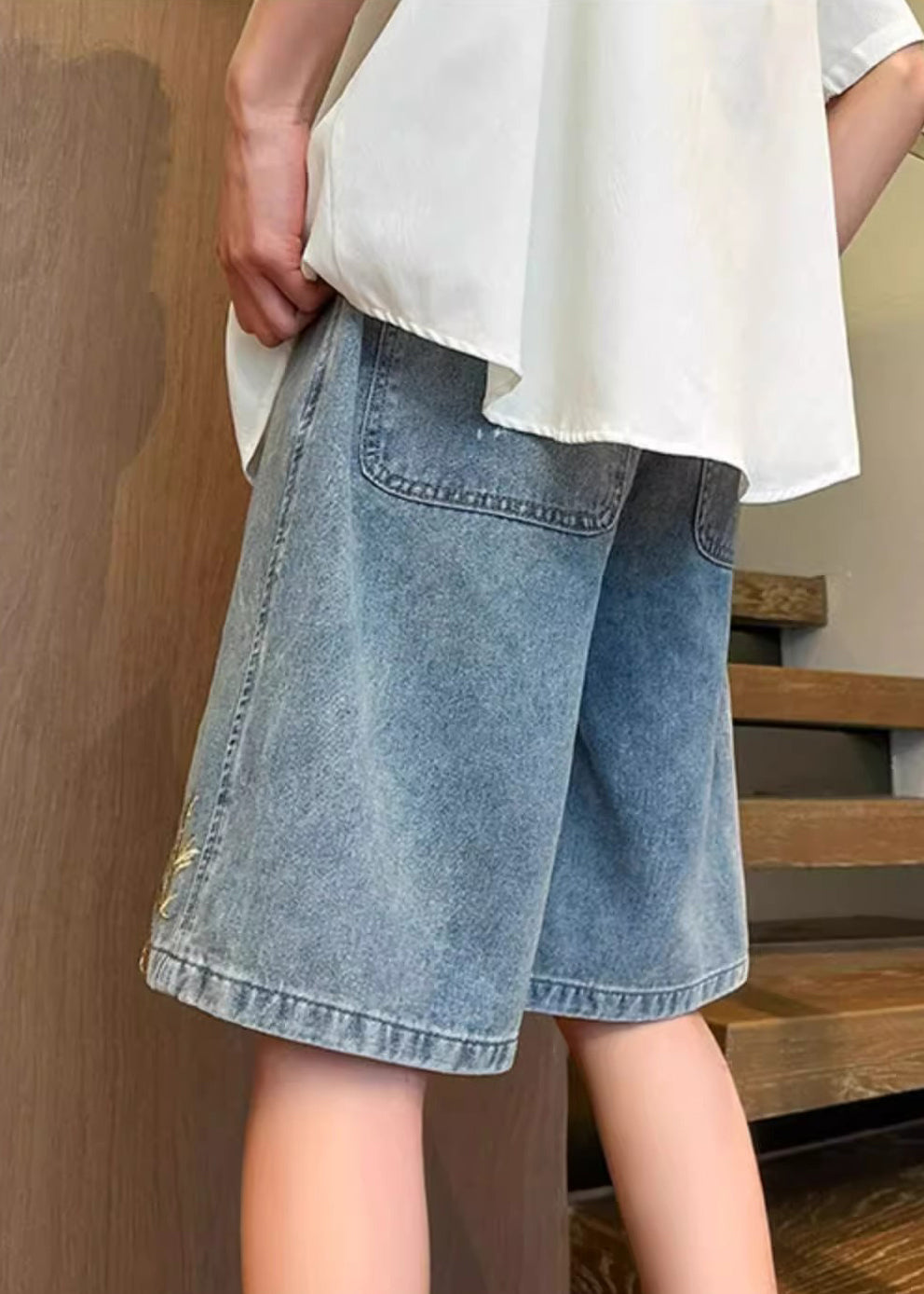 Denim Men Summer Embroideried Blue Modern Waist Elastic Shorts - Image 4