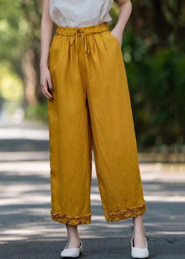 Elastic Linen Ruffled Pockets Waist Navy Crop Summer Pants - Image 2