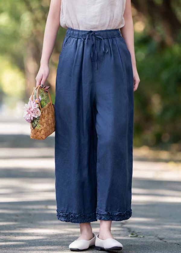 Elastic Linen Ruffled Pockets Waist Navy Crop Summer Pants - Image 3