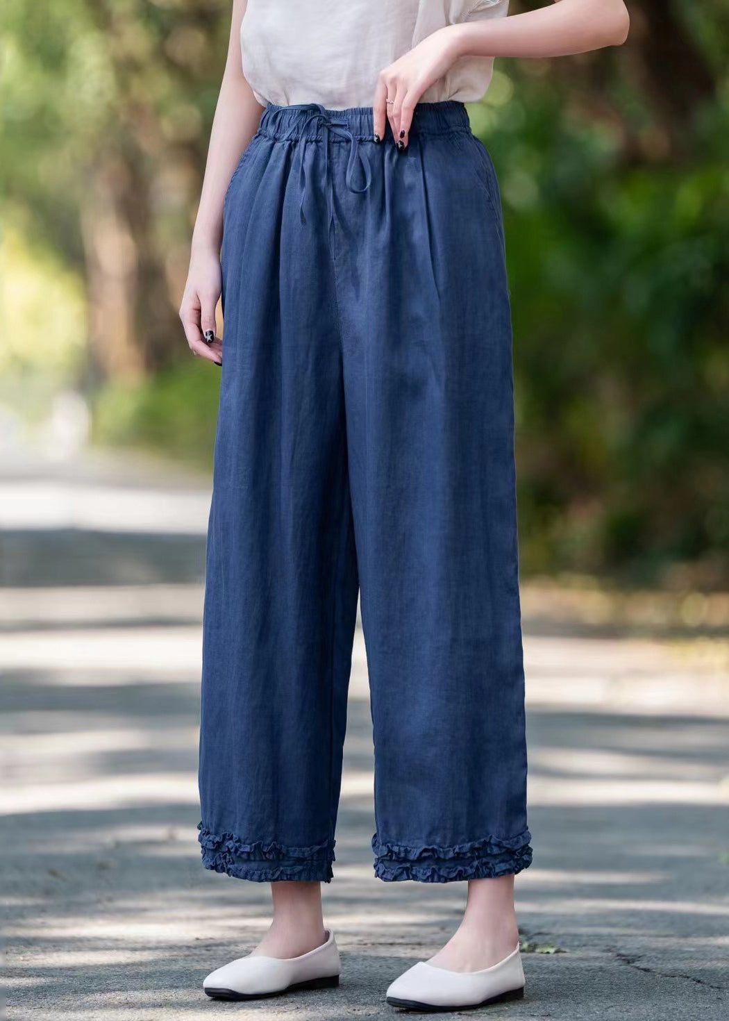 Elastic Linen Ruffled Pockets Waist Navy Crop Summer Pants - Image 4