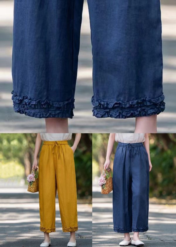 Elastic Linen Ruffled Pockets Waist Navy Crop Summer Pants - Image 5