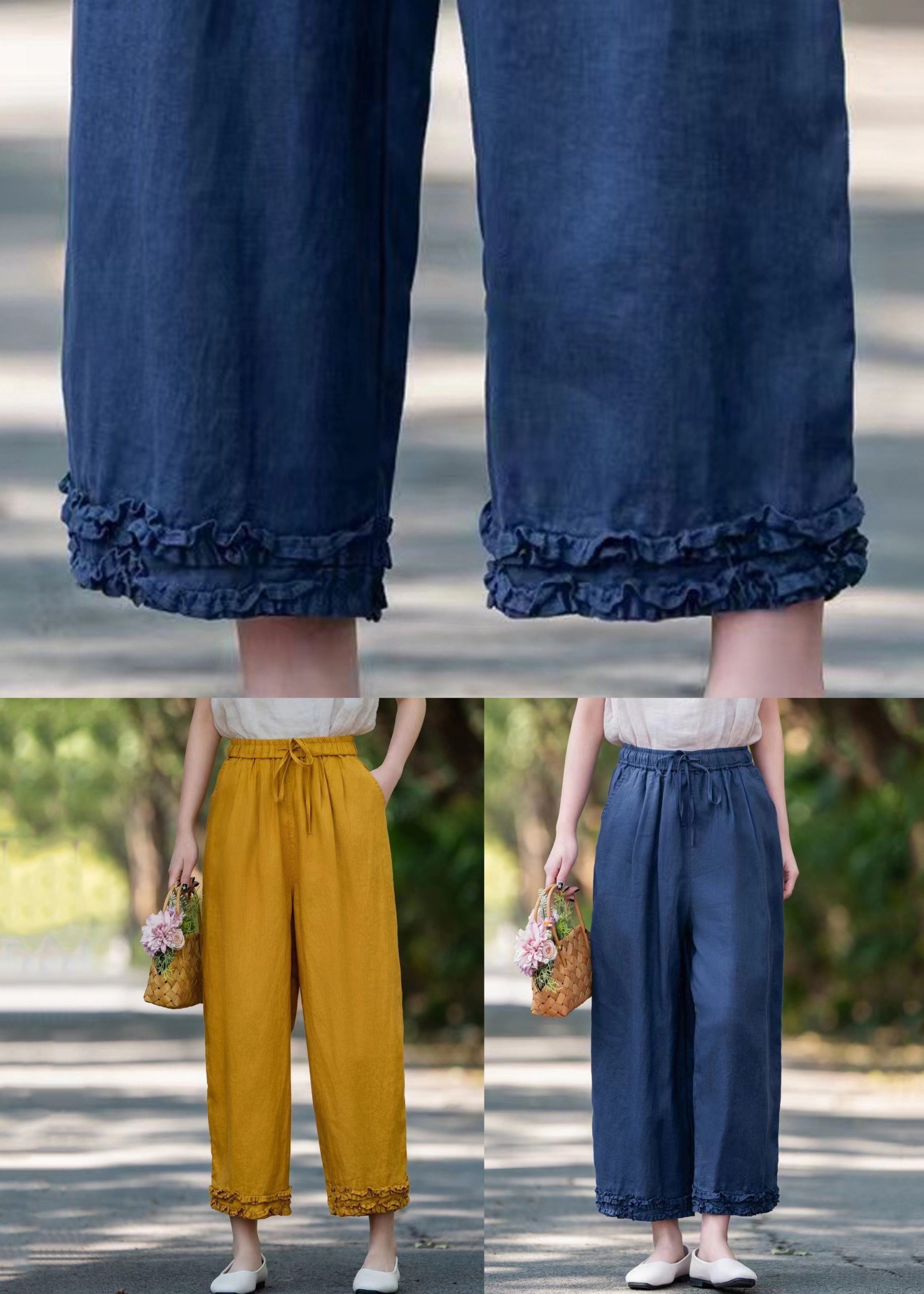 Elastic Linen Ruffled Pockets Waist Navy Crop Summer Pants - Image 5