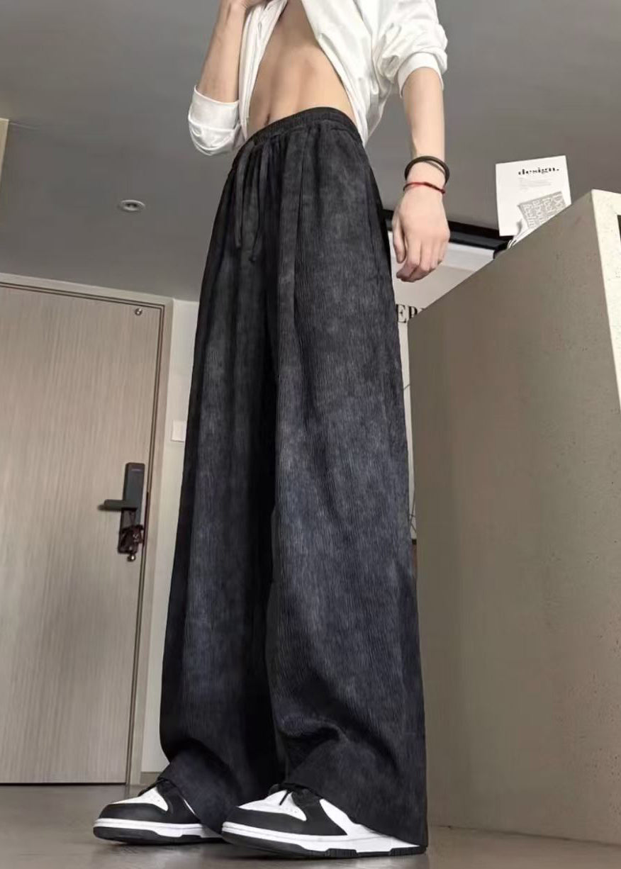 Elastic Men Dye Cotton Waist Black Summer Pants Tie New - Image 1