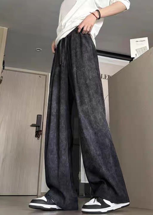Elastic Men Dye Cotton Waist Black Summer Pants Tie New - Image 3