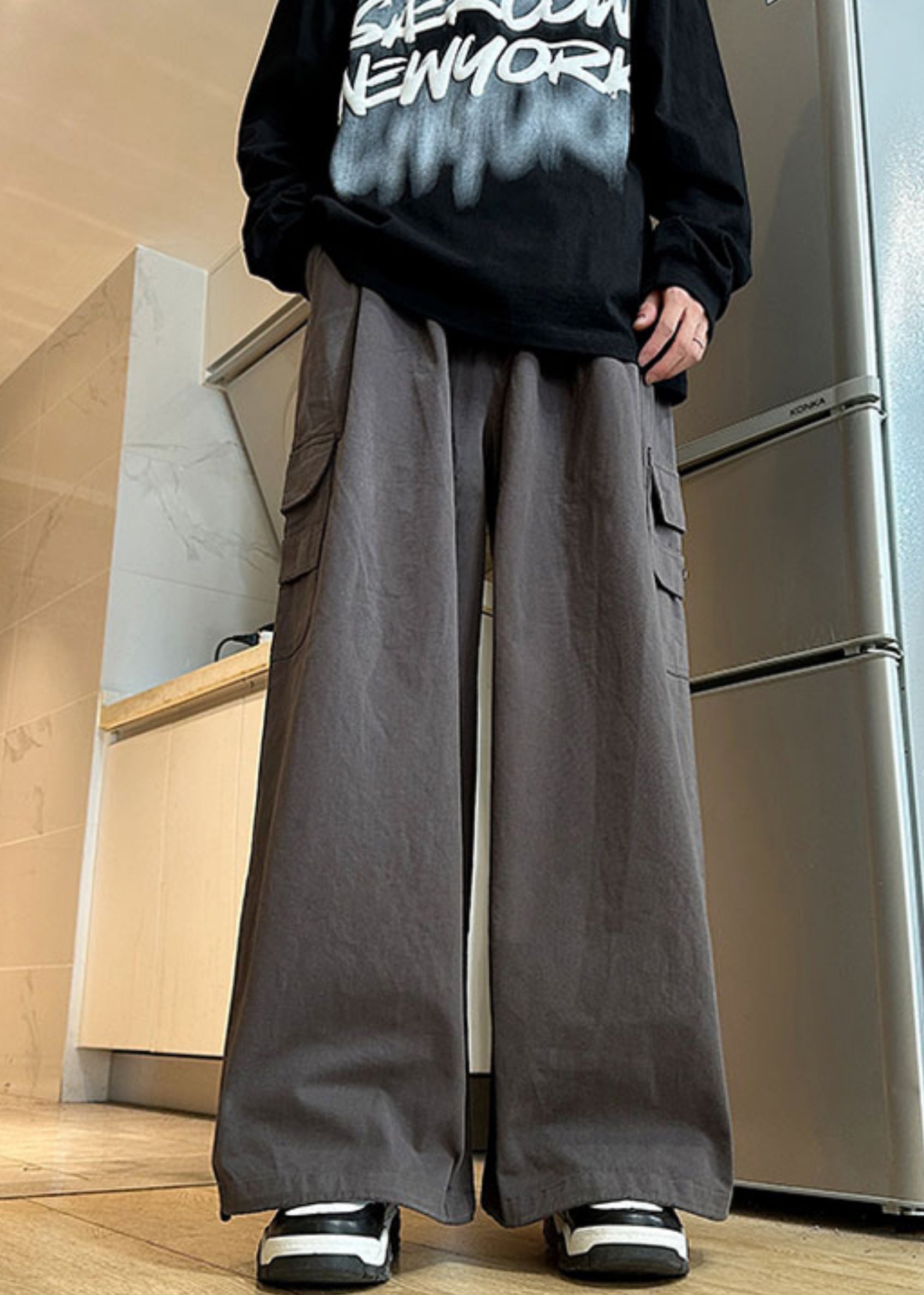 New Summer Mens Cotton Pockets Waist Elastic Pants Grey - Image 2