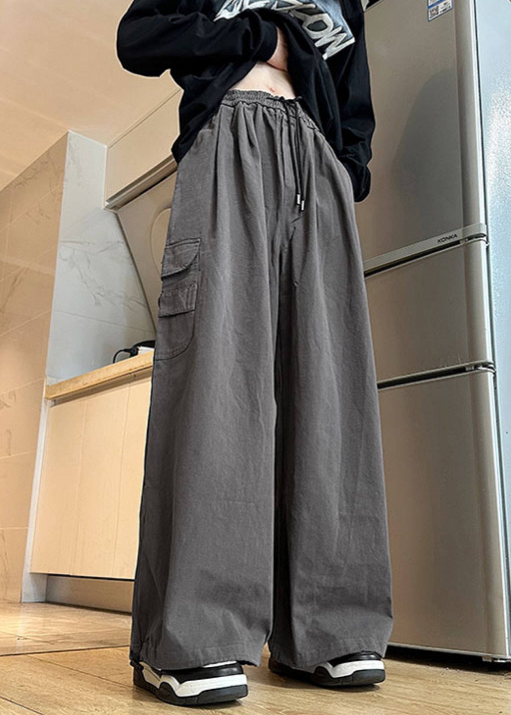 New Summer Mens Cotton Pockets Waist Elastic Pants Grey - Image 3
