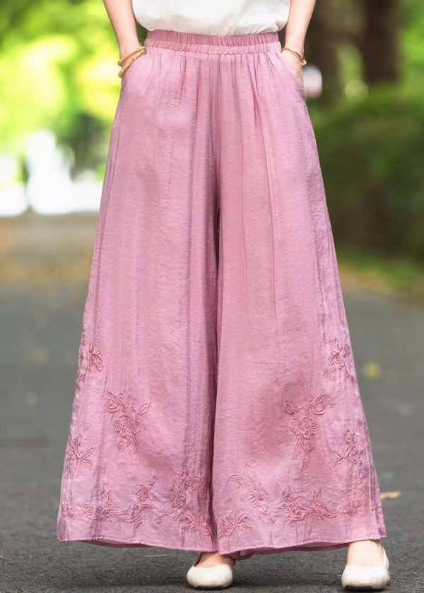 Elastic Silk Summer Pants Embroidered Waist Leg Wide Pink New