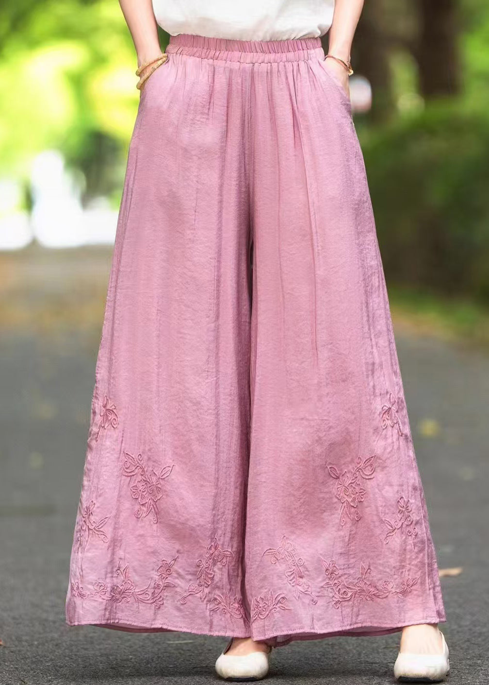 Elastic Silk Summer Pants Embroidered Waist Leg Wide Pink New - Image 1