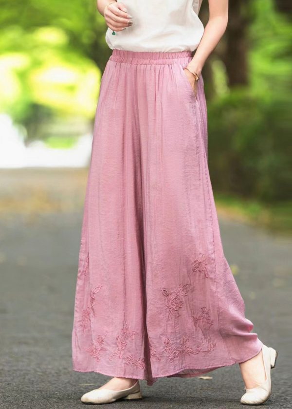 Elastic Silk Summer Pants Embroidered Waist Leg Wide Pink New - Image 2