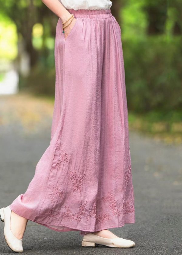 Elastic Silk Summer Pants Embroidered Waist Leg Wide Pink New - Image 3
