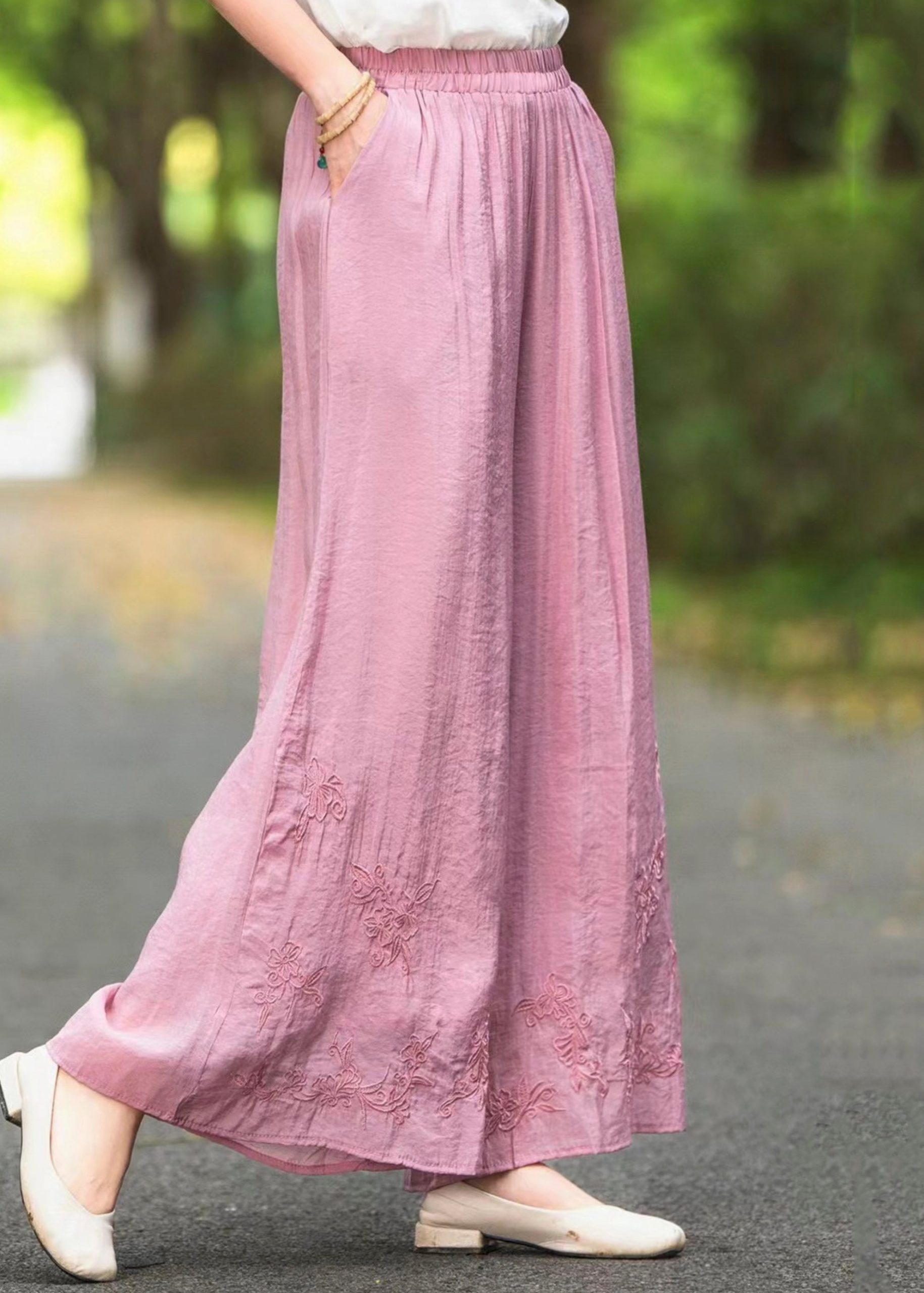 Elastic Silk Summer Pants Embroidered Waist Leg Wide Pink New - Image 3
