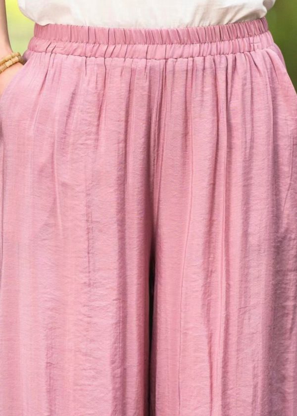 Elastic Silk Summer Pants Embroidered Waist Leg Wide Pink New - Image 4