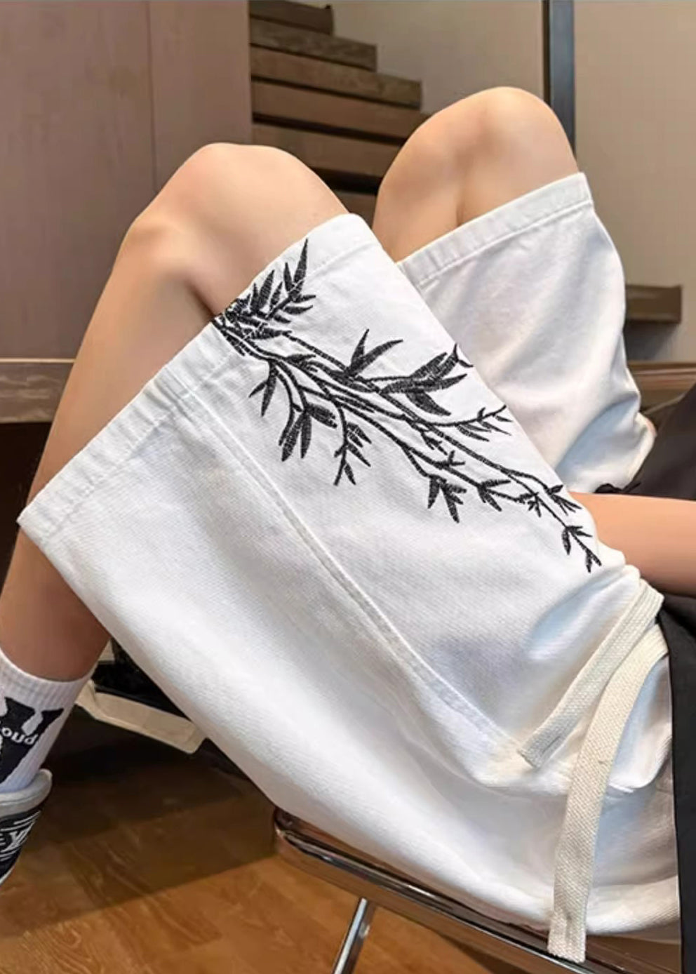 Up Elastic White New Denim Waist Shorts Pockets Lace Men - Image 1