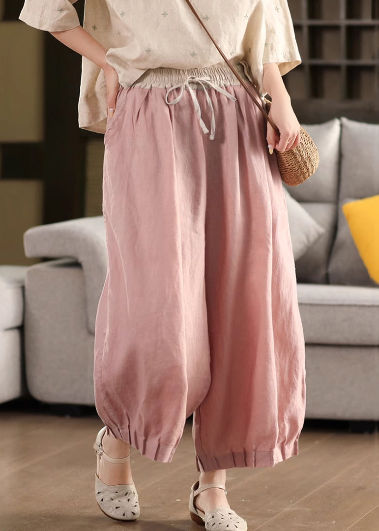 Waist Summer Lace Up Pants Linen Pink Patchwork Elastic Crop - Image 1
