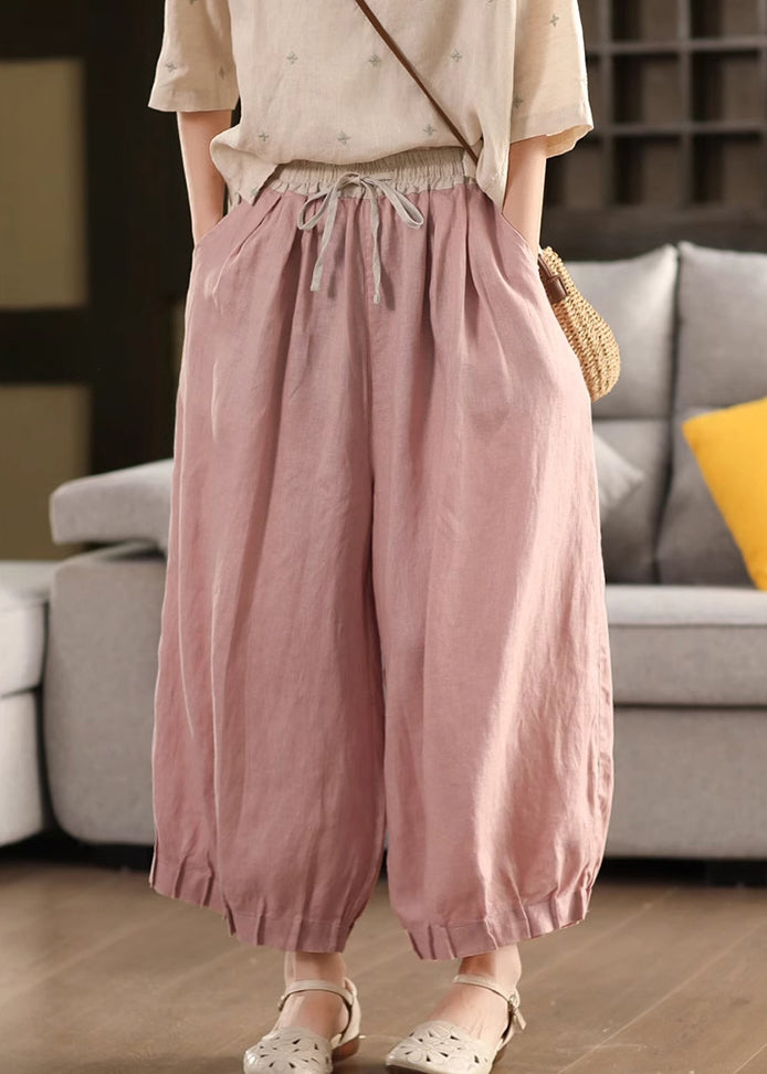 Waist Summer Lace Up Pants Linen Pink Patchwork Elastic Crop - Image 2
