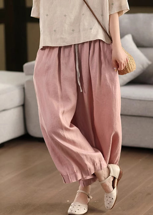 Waist Summer Lace Up Pants Linen Pink Patchwork Elastic Crop - Image 3