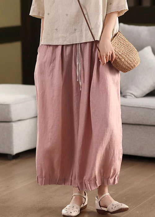 Waist Summer Lace Up Pants Linen Pink Patchwork Elastic Crop - Image 4
