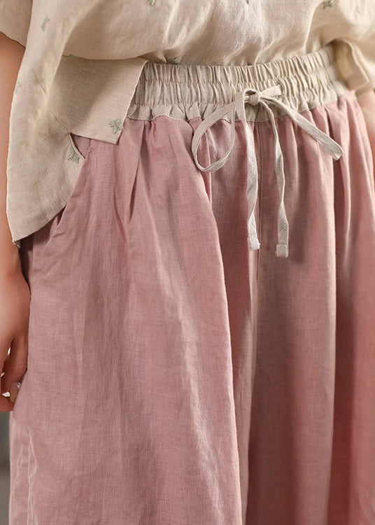 Waist Summer Lace Up Pants Linen Pink Patchwork Elastic Crop - Image 5