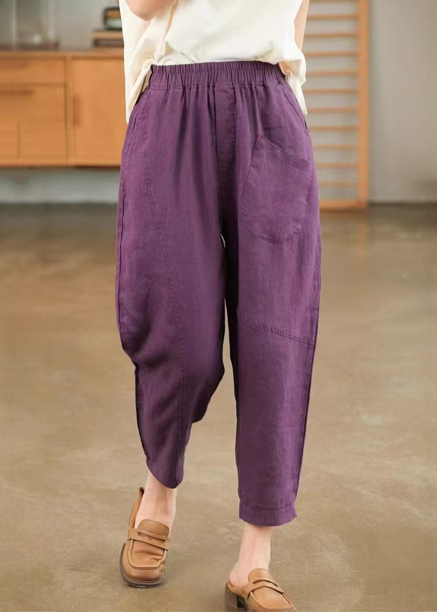 Harem Cotton Waist Purple Summer Pants Pockets Elastic - Image 1