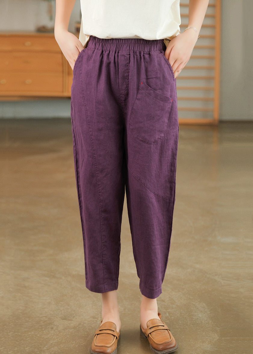Harem Cotton Waist Purple Summer Pants Pockets Elastic - Image 2