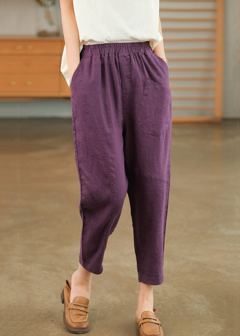 Harem Cotton Waist Purple Summer Pants Pockets Elastic - Image 3