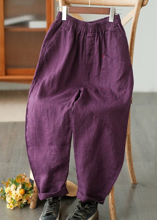 Harem Cotton Waist Purple Summer Pants Pockets Elastic - Image 4