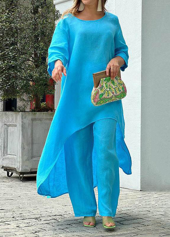 Patchwork Blue And Baby Asymmetrical Simple Top Leg Wide Pants