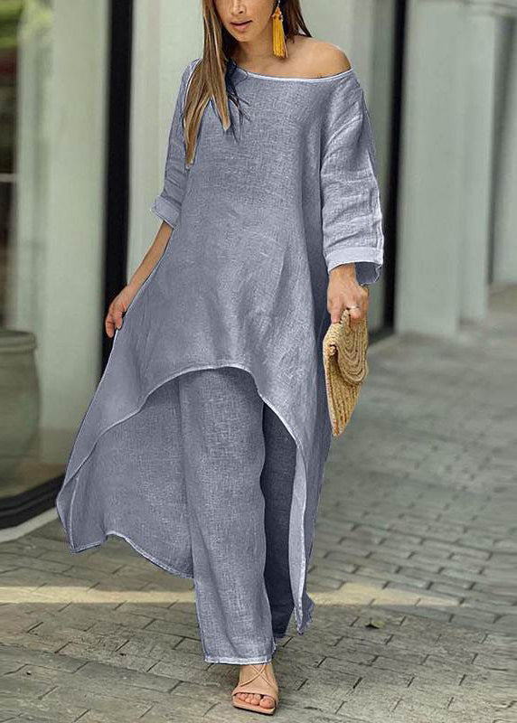Patchwork Blue And Baby Asymmetrical Simple Top Leg Wide Pants - Image 3