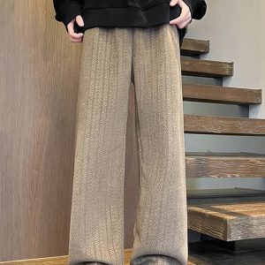 Chenille Mens Fall Pockets Brown Pants Solid Waist Simple Elastic