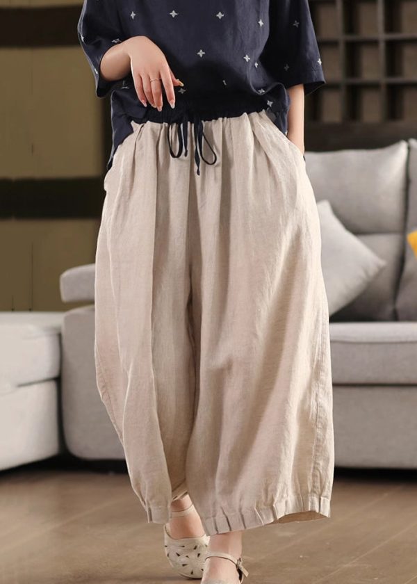 Leg Waist Pockets Simple Pants Summer Elastic Linen Wide - Image 5