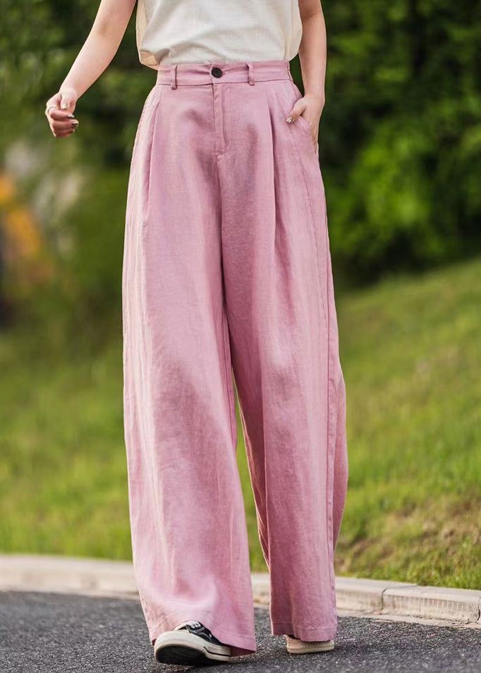 Waist Straight Pink Pants Summer Pockets High Linen Simple - Image 1