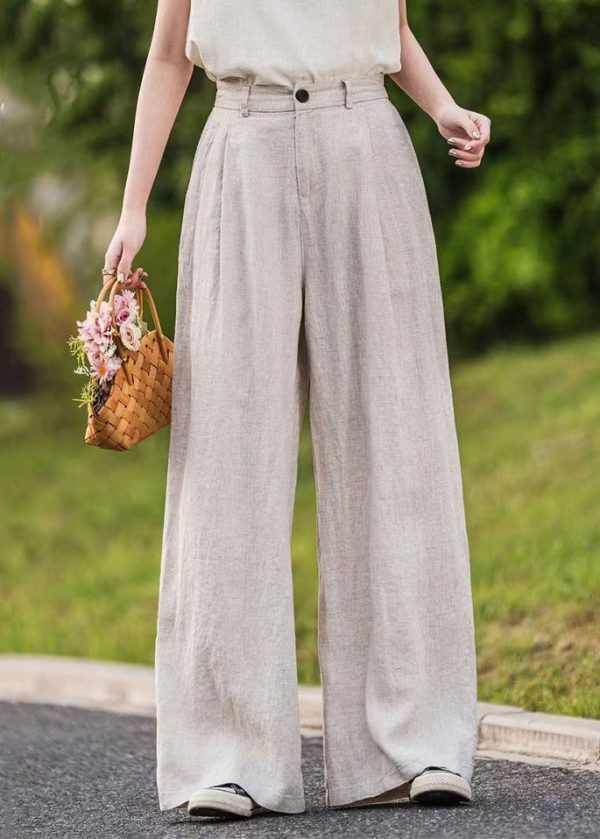 Waist Straight Pink Pants Summer Pockets High Linen Simple - Image 2