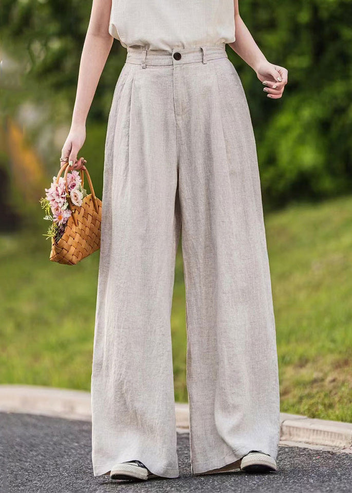 Waist Straight Pink Pants Summer Pockets High Linen Simple - Image 2