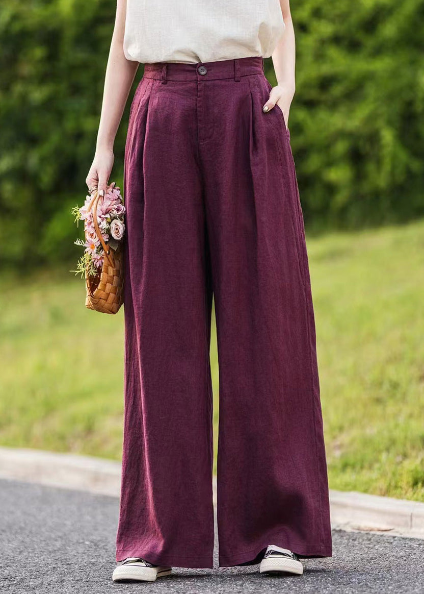 Waist Straight Pink Pants Summer Pockets High Linen Simple - Image 3