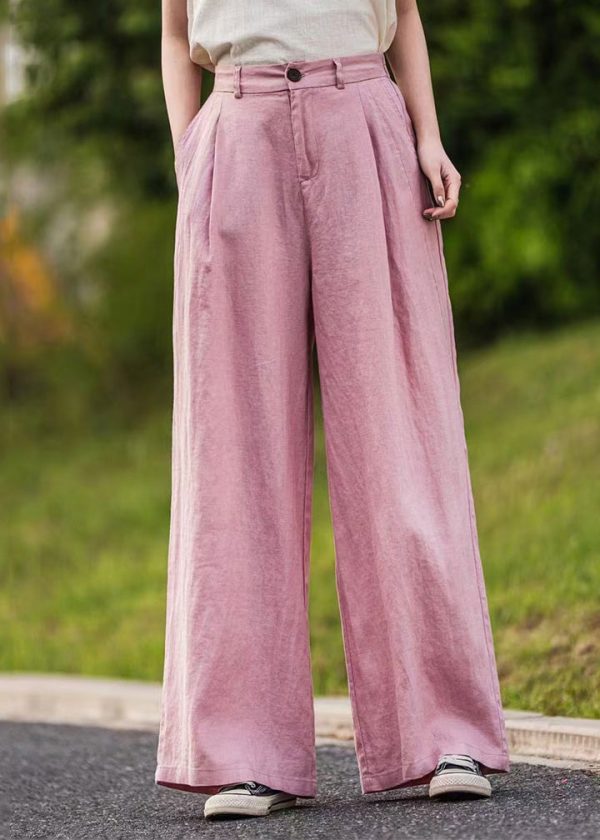 Waist Straight Pink Pants Summer Pockets High Linen Simple - Image 4