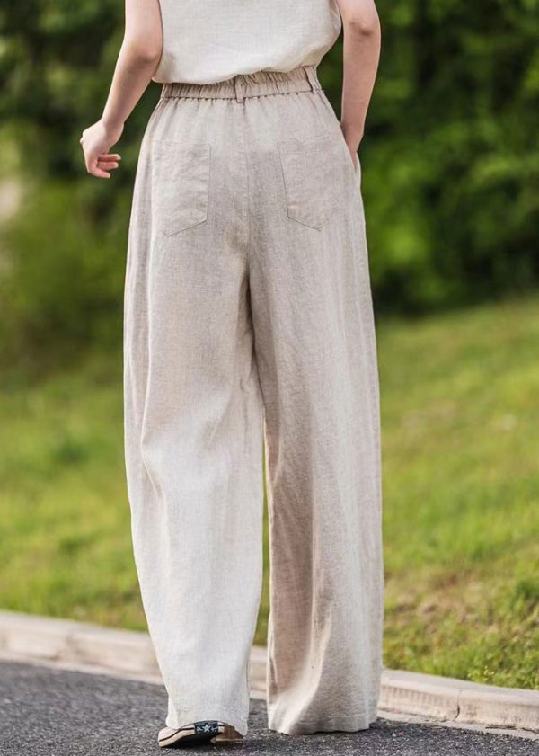 Waist Straight Pink Pants Summer Pockets High Linen Simple - Image 5
