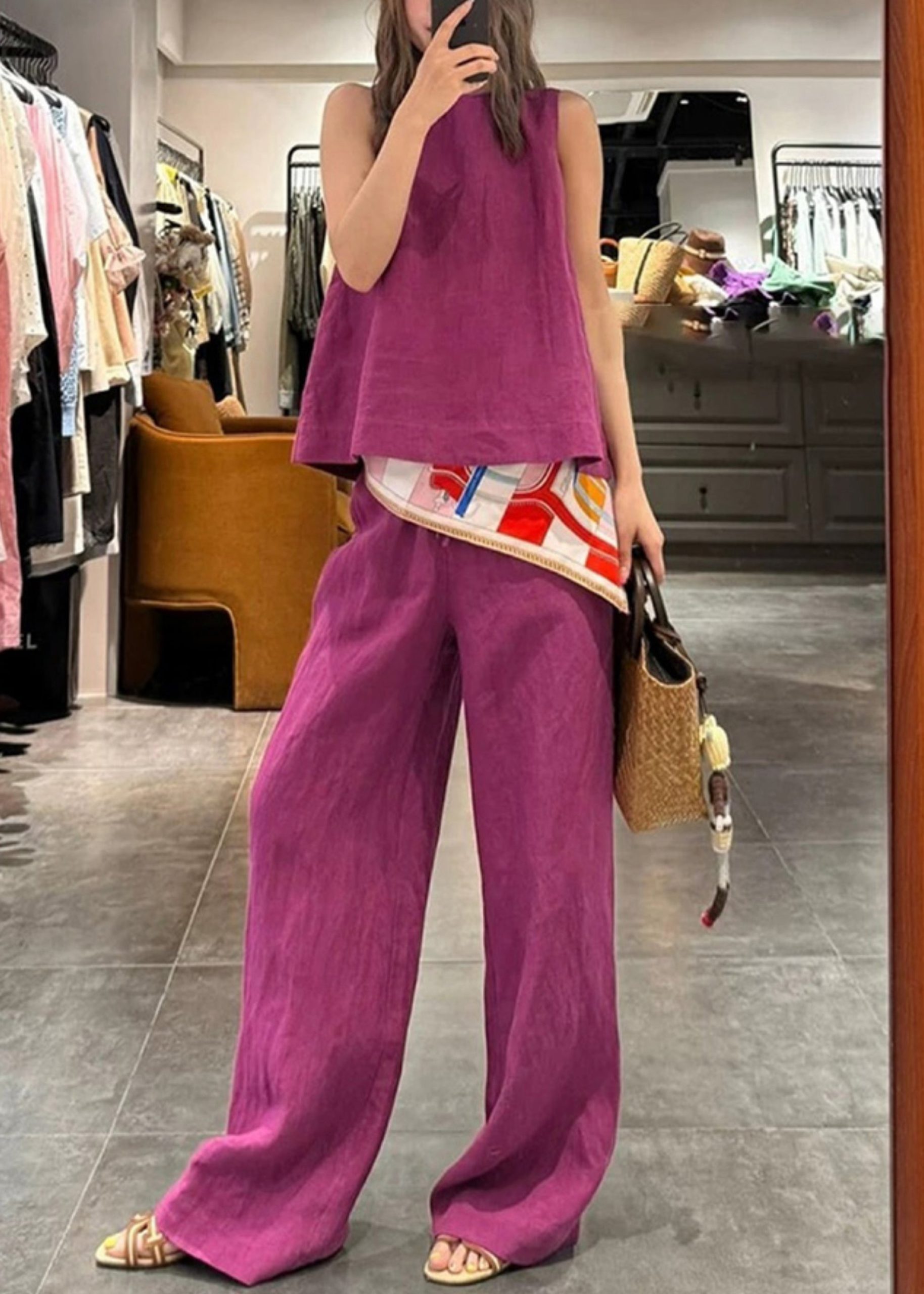 Neck Set Pieces Pants Two Linen Rose O And Simple Tank Solid - Image 1