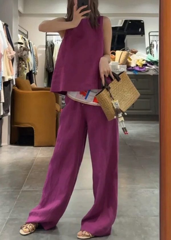 Neck Set Pieces Pants Two Linen Rose O And Simple Tank Solid - Image 3