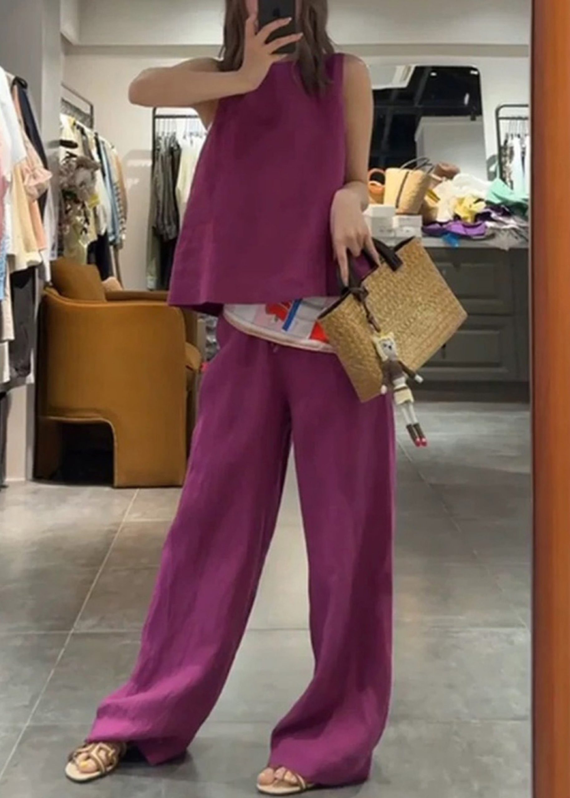 Neck Set Pieces Pants Two Linen Rose O And Simple Tank Solid - Image 3