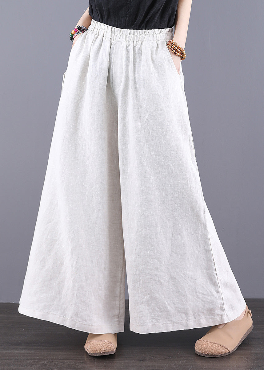 Summer Waist Simple Elastic Straight Trousers Linen Pants White - Image 1