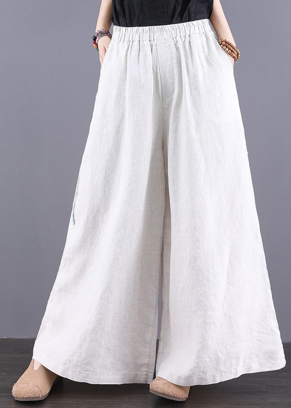Summer Waist Simple Elastic Straight Trousers Linen Pants White - Image 3