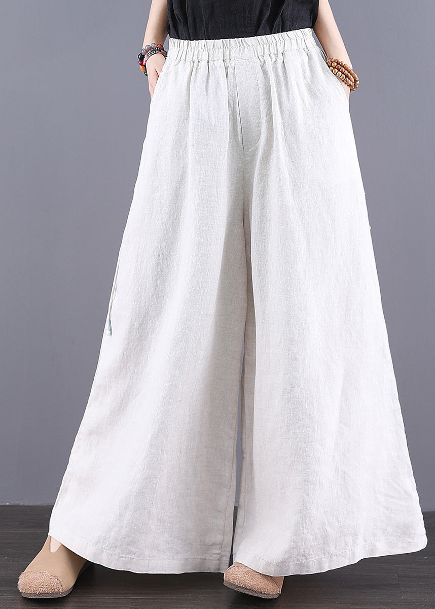 Summer Waist Simple Elastic Straight Trousers Linen Pants White - Image 3